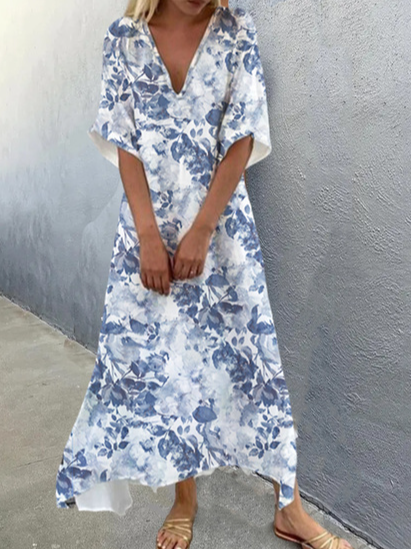 

Casual Floral Loose Cotton-Blend Dresses, Blue, Dresses