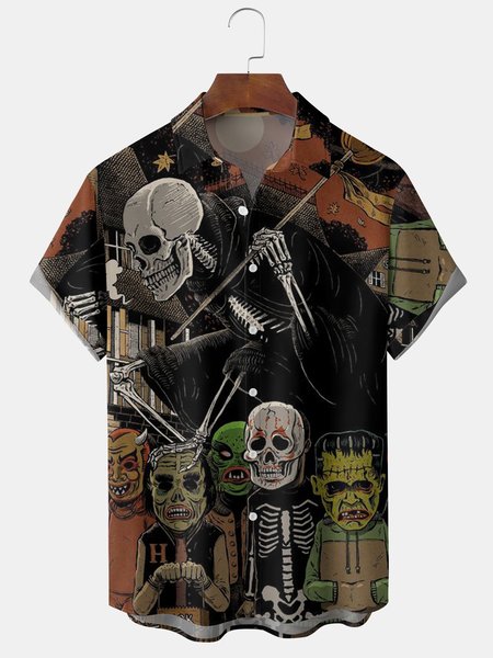 

Mens Halloween Skull Print Front Buttons Soft Breathable Chest Pocket Casual Hawaiian Shirts, Black, Men's Floral shirt
