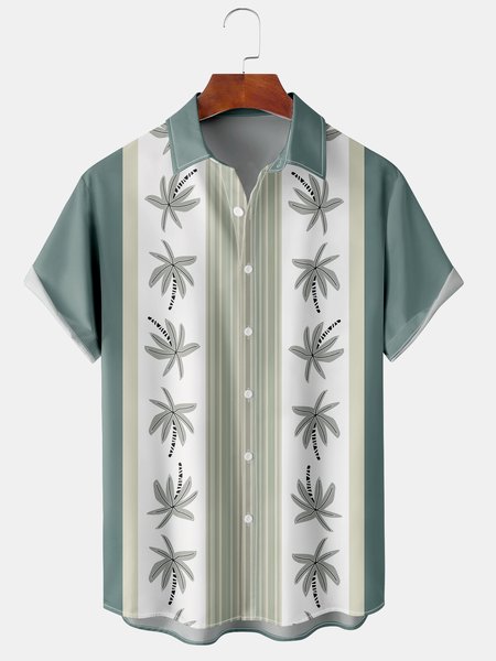 

Mens Coconut Tree Print Front Buttons Soft Breathable Chest Pocket Casual Bowling Shirts, Green, Men's Floral shirt