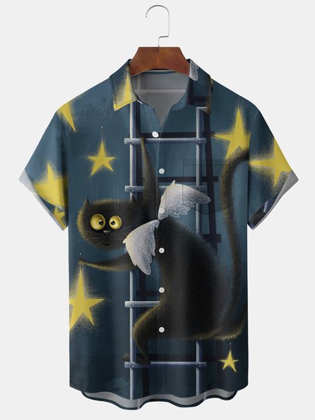 

Mens Retro Black Cat Print Front Buttons Soft Breathable Chest Pocket Casual Hawaiian Shirts, Blue, Men's Floral shirt