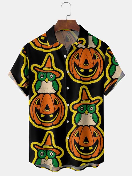 

Mens Funky Halloween Pumpkin Print Front Buttons Soft Breathable Chest Pocket Casual Hawaiian Shirts, Black, Men's Floral shirt