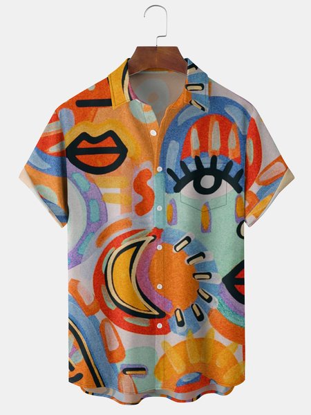 

Mens Funky Art Painting Print Front Buttons Soft Breathable Chest Pocket Casual Hawaiian Shirts, Orange, Men's Floral shirt
