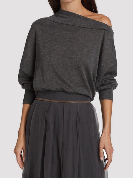 

Casual Off Shoulder Sleeve Asymmetrical T-Shirt, Gray, Tees