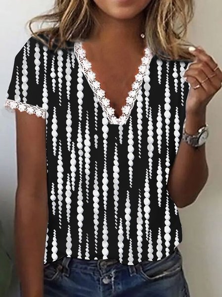 

JFN V Neck Polka Dots Lace Neck Lace Sleeve Casual Short Sleeve T-Shirt/Tee, Black, T-Shirts