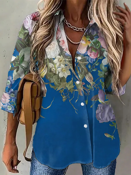 

Casual Shawl Collar Floral Loose Blouse, Blue, Shirts & Blouses