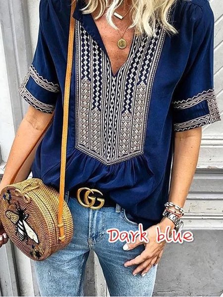 

Ethnic Style Striped V-Neck Casual T-Shirt, Dark blue, Shirts & Blouses