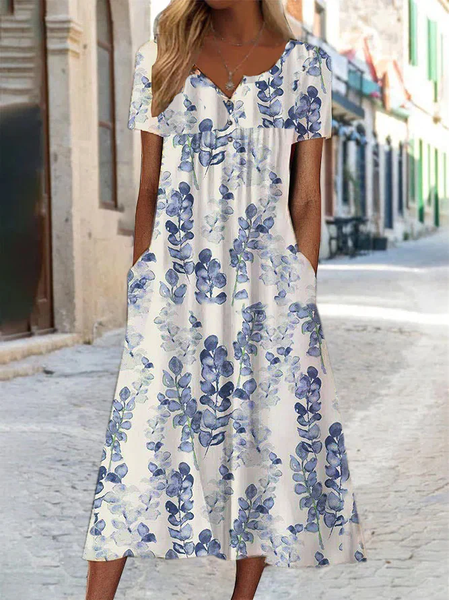 

Cotton-Blend V Neck Leaf Dresses, Blue, Dresses