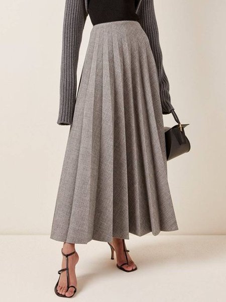 

Elegant Plain Pleated Skirt, Gray, Maxi Skirts