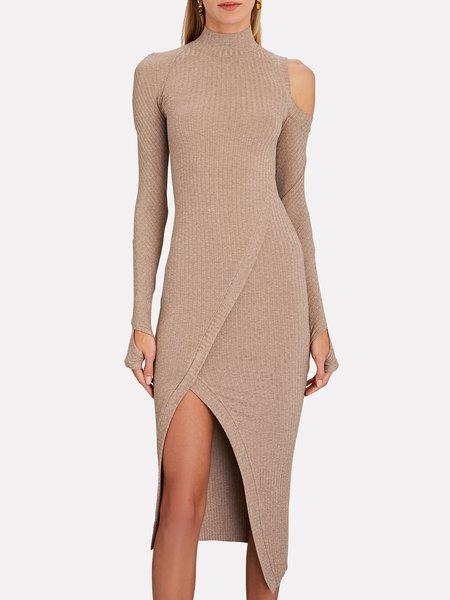 

Regular Sleeve Half Turtleneck Elegant Plain Midi Dress, Light brown, Midi Dresses