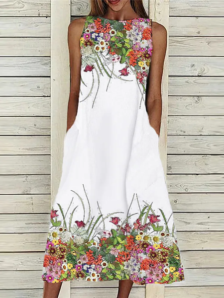

Casual Floral Crew Neck Regular Fit Sleeveless Dresses, White, Dresses