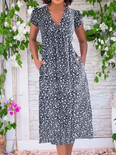 

Small Floral Design V-Neck Neck Waist Knit Dress, Dark blue, Midi Dresses