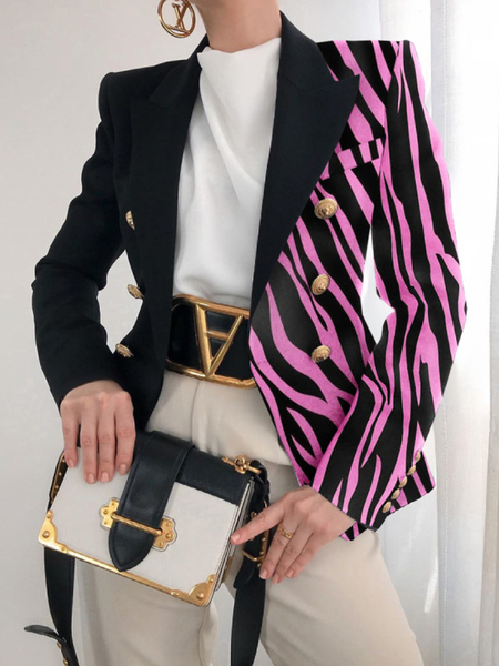 

Autumn Lapel Collar H-Line Commuting Urban Leopard Blazer, Black-pink, Blazers