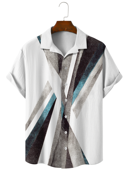 

Geometric stripe cotton casual shirts with short sleeves, As picture, Men's Floral shirt