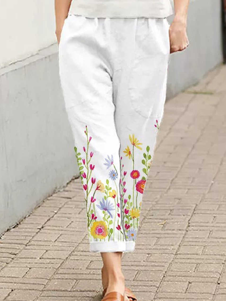 Floral Casual Casual Pants, White, Pants