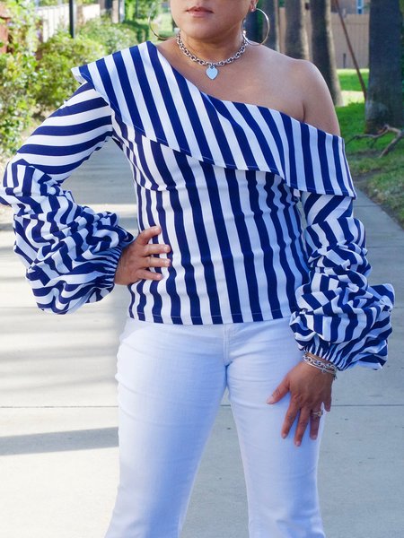 

Striped Regular Fit Urban Asymmetrical Top, Blue, Blouses and Shirts