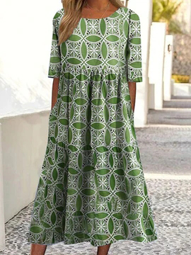 

Geometric Cotton-Blend Casual Dresses, Green, Dresses