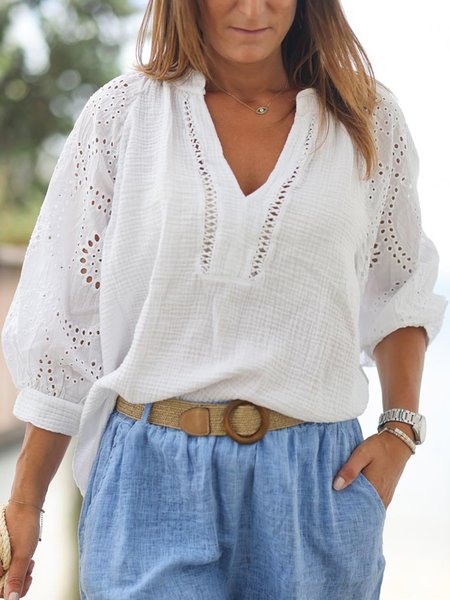 

Plain cotton linen texture fabric patchwork cotton embroidery blouse oversize, White, Blouses & Shirts