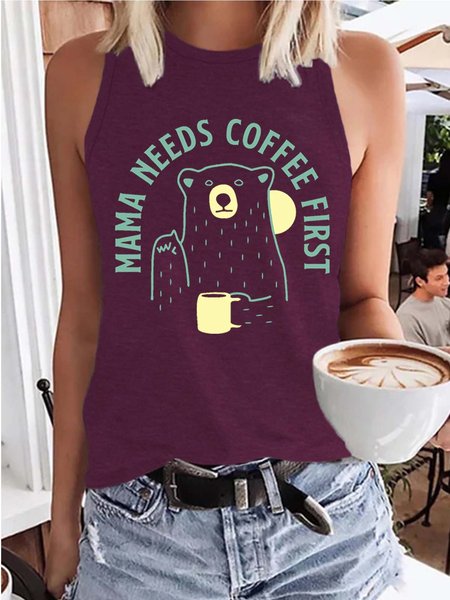 Women Bear Letter Printing Crew Neck Casual Loose Tanks & Camis, Purple, Tank Tops