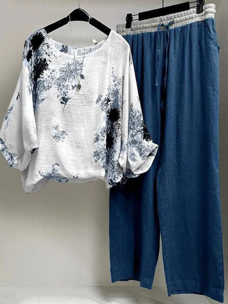 

Cotton-Blend Floral Casual Two Piece Sets, Blue, Suits