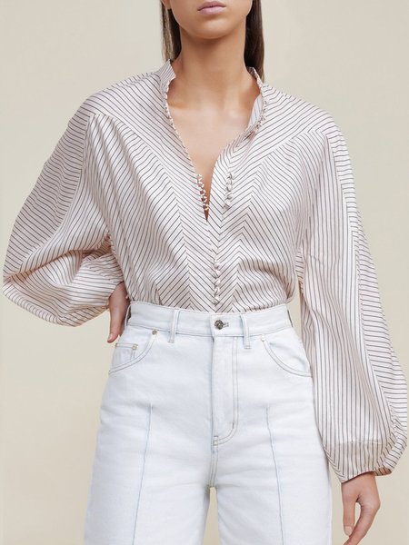 

Elegant Stand Collar Striped Long Sleeve Blouse, Stripe, Blouses and Shirts