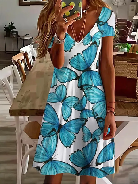 Casual Butterfly Regular Fit V neck Dresses, Blue, Dresses