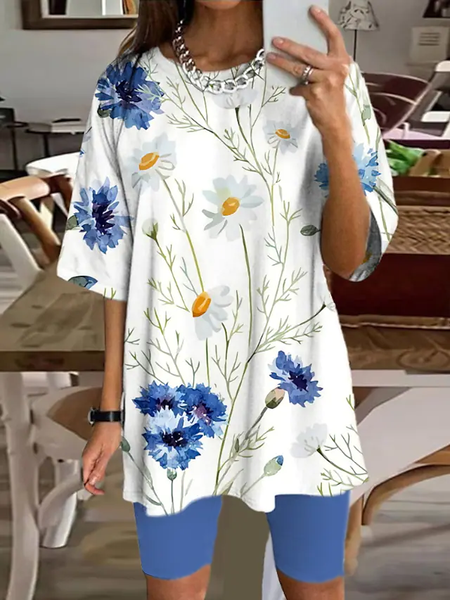 

Casual Floral Crew Neck Two Piece Sets, White, Suit Set