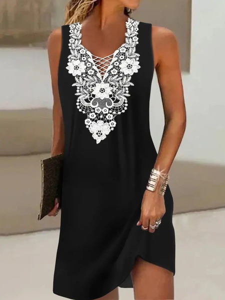 

JFN V Neck Elegant Contrast Lace Sleeveless Casual Occasion Mini Prom Dress, Black, Dresses