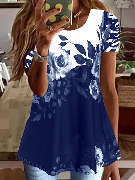 

Women's Summer Tunics Crew Neck Floral Color Block Casual Tunic Top, Blue, T-Shirts