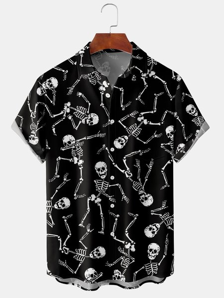 

Men's Halloween Skull Print Casual Short Sleeve Hawaiian Shirt with Chest Pocket, Black, Men's Floral shirt