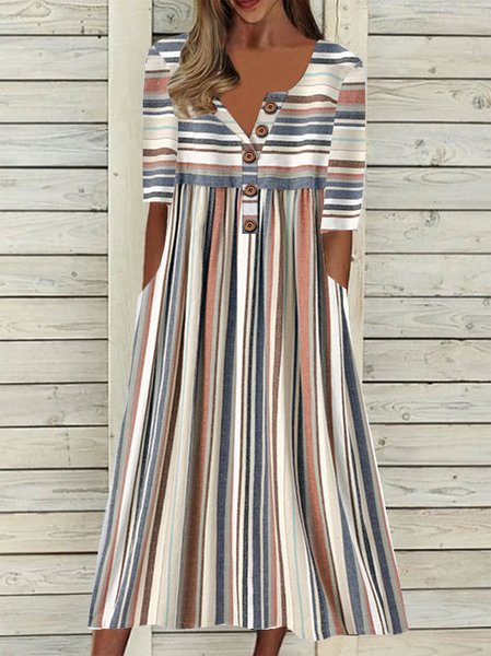 

JFN V Neck Stripe Geometric Casual Midi Dress, Khaki, Dresses