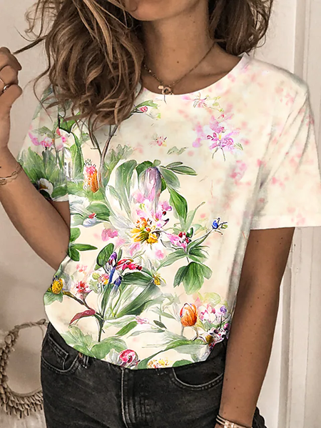

Floral Cotton-Blend Regular Fit Casual T-Shirt, Flower, T-Shirts