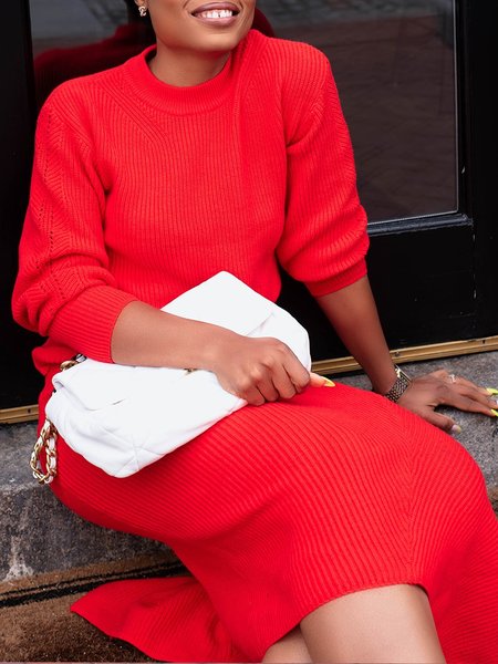 

Plain Daily Long sleeve Crew Neck Sweater, Red, Pullovers