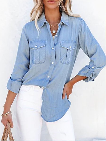 

Casual Plain Shirt Collar Loose Blouse, Blue, Blouses & Shirts