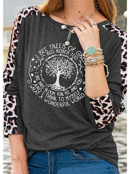 Crew Neck Leopard Cotton-Blend Tops, Deep gray, T-Shirts
