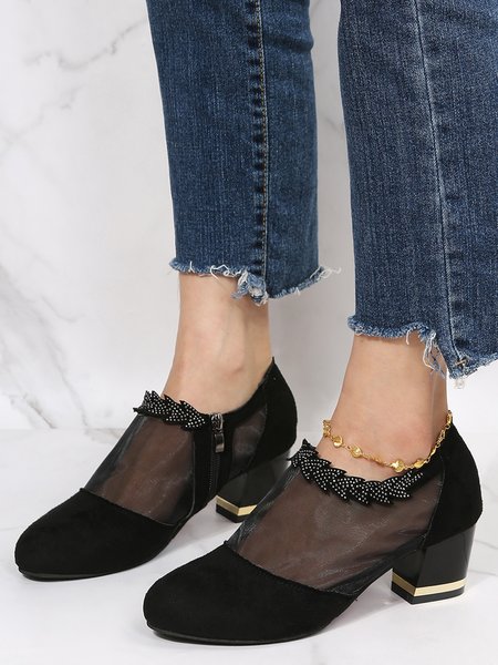 

Black Mesh Chunky Heels With Rhinestones, Heels