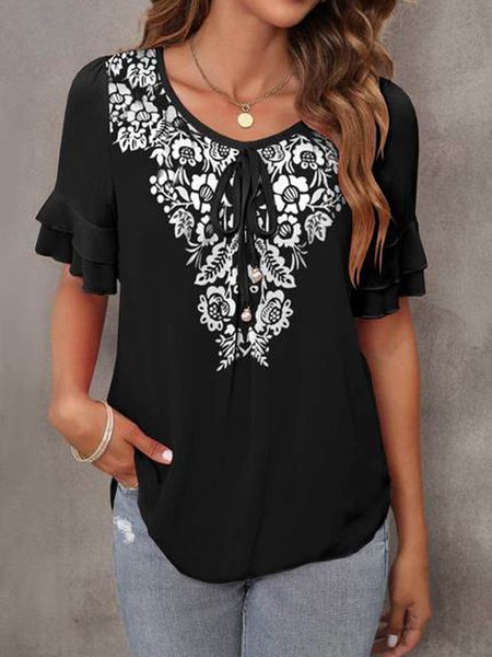 

Loose Floral Casual Tops, Black, Shirts & Blouses
