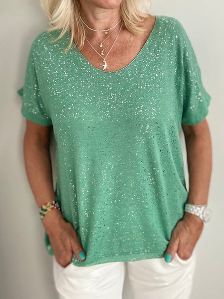 

Plain Gliter Sequins basic top T-shirt plus size, Green, T-Shirts
