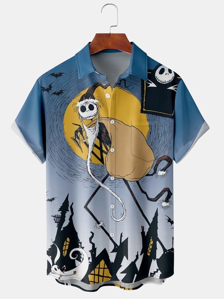 

Men's Halloween Print Short Sleeve Hawaiian Shirt with Chest Pocket, Blue, Men's Floral shirt