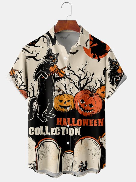 

Men's Halloween Cat Print Short Sleeve Hawaiian Shirt with Chest Pocket, Black, Men's Floral shirt