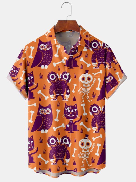 

Men's Halloween Animal Print Casual Short Sleeve Hawaiian Shirt with Chest Pocket, Orange, Men's Floral shirt