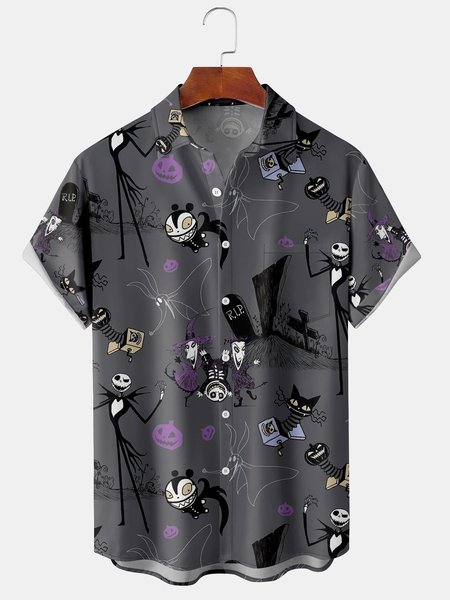 

Men's Halloween Print Casual Short Sleeve Hawaiian Shirt with Chest Pocket, Deep gray, Short Sleeve Shirts
