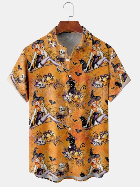 

Men's Halloween Print Casual Short Sleeve Hawaiian Shirt with Chest Pocket, Orange, Men's Floral shirt