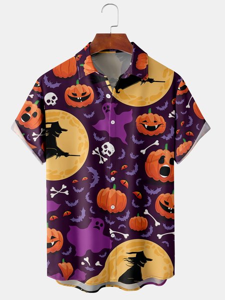 

Men's Halloween Print Short Sleeve Hawaiian Shirt with Chest Pocket, Purple, Men's Floral shirt