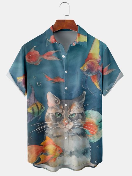 

Men's Printed Short Sleeve Hawaiian Shirt with Chest Pocket, Blue, Short Sleeve Shirts