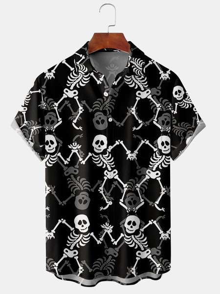 

Men's Halloween Skull Print Short Sleeve Hawaiian Shirt with Chest Pocket, Black, Short Sleeve Shirts
