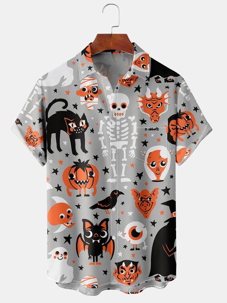 

Men's Halloween Skull Print Short Sleeve Hawaiian Shirt with Chest Pocket, Gray, Men's Floral shirt