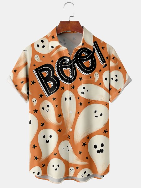 

Men's Halloween Ghost Print Casual Short Sleeve Hawaiian Shirt with Chest Pocket, Orange, Men's Floral shirt