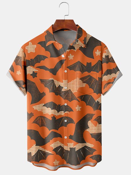 

Men's Halloween Bat Print Short Sleeve Hawaiian Shirt with Chest Pocket, Orange, Men's Floral shirt