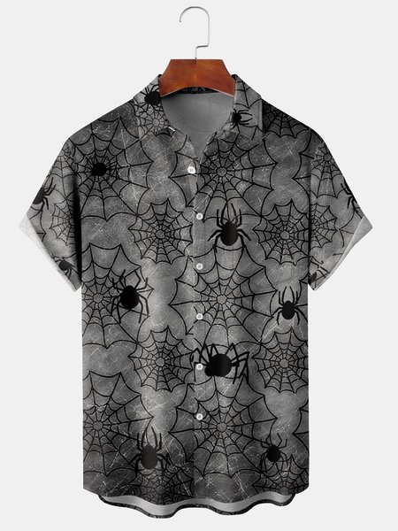 

Men's Halloween Animal Print Casual Short Sleeve Hawaiian Shirt with Chest Pocket, Black-grey, Men's Floral shirt
