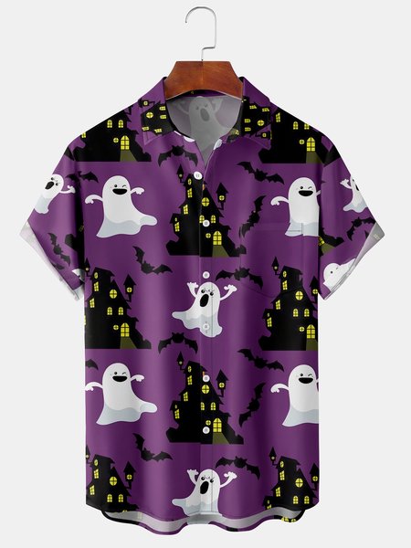 

Men's Halloween Print Short Sleeve Hawaiian Shirt with Chest Pocket, Purple, Men's Floral shirt